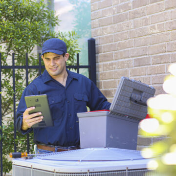 Air Conditioning Repair Bloomington IL, Latin descent blue collar air conditioner repairman working at residential home. He prepares to begin work by gathering appropriate tools and referring to digital tablet